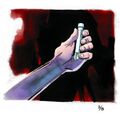 The third painting in a series of eight shows a person holding a vial of the virus.