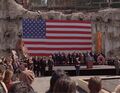 President Nathan Petrelli gives a speech at ground zero of the explosion in New York City.