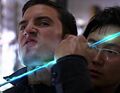 Peter conducts electricity through Hiro's sword. (Powerless)
