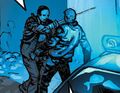 Future Hiro uses the sword to threaten an officer in a post-explosion New York City.